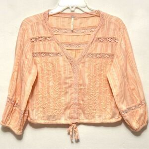 Free People Follow Your Heart Peach Embroidered Puff Sleeve Blouse Cropped Top S